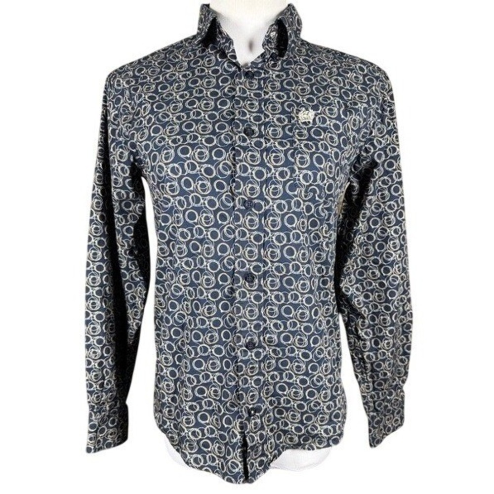 Cinch‎ Womens Navy Blue Geometric Circle Print Button Down Western Shirt Sz L 12